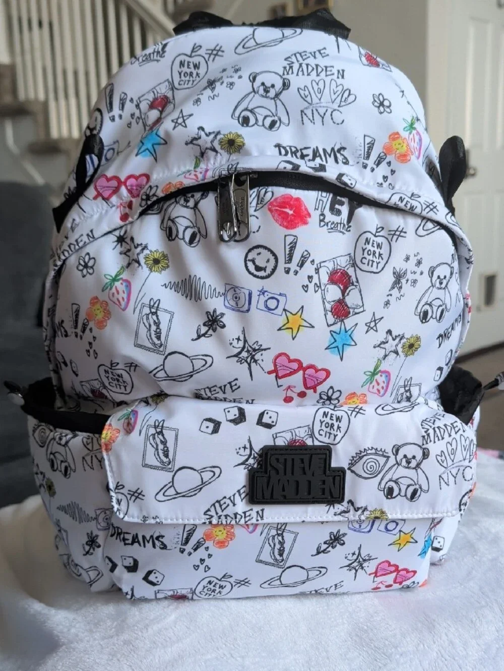 Steve Madden Kids White Doodle Backpack with Multicolor Accents